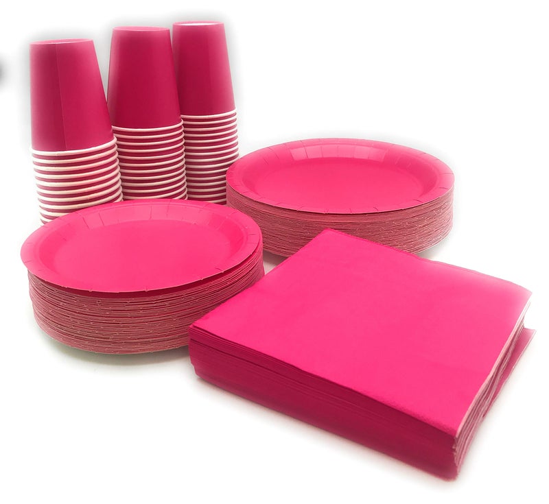 Oojami Serves 50 Complete Party Pack, Pink Disposable Tableware Set â€“ 9" Dinner Plates, 7" Dessert Plates, 9 Oz Cups, 3-Ply Napkins for Birthdays, Office Parties, Festivals, and Events - Image 1
